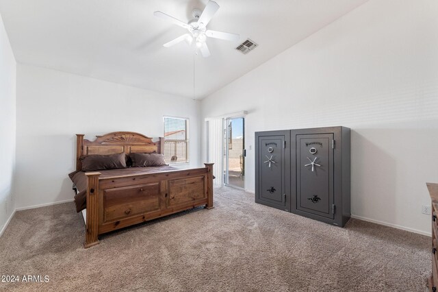 bedroom featuring high vaulted ceiling, ceiling fan, and carpet floors