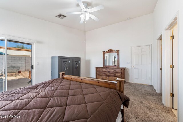 bedroom with ceiling fan and carpet floors