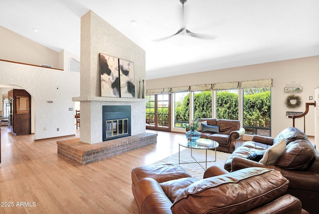 1338 W Mountain View Dr, Mesa, AZ 85201 - living room with a ceiling fan, wood finished floors, high vaulted ceiling, and plenty of natural light