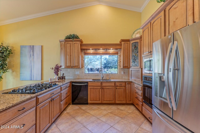 kitchen featuring backsplash, black appliances, sink, ornamental molding, and light stone counters