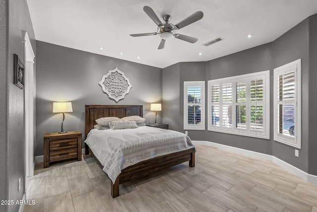 bedroom with visible vents, recessed lighting, a ceiling fan, and baseboards