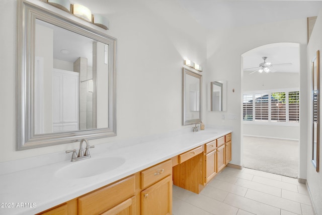 10304 E Plata Ave, Mesa, AZ 85212 - bathroom with double vanity, ceiling fan, and tile patterned floors