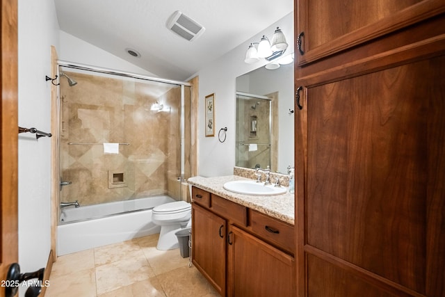 full bathroom featuring shower / bath combination with glass door, lofted ceiling, vanity, toilet, and a bidet