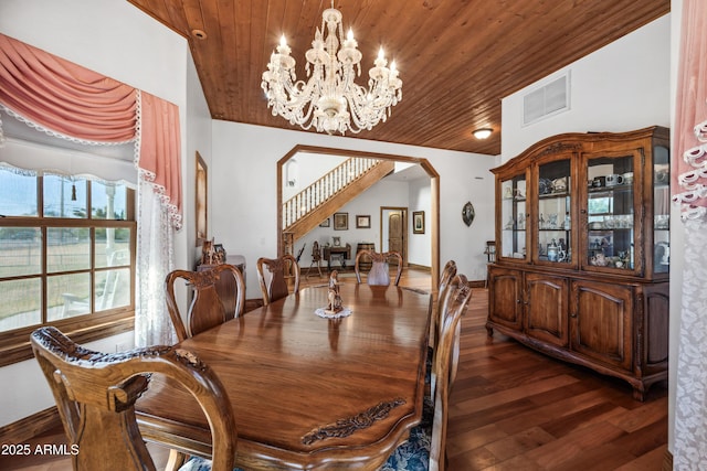 dining space with dark hardwood / wood-style floors, a notable chandelier, and wood ceiling