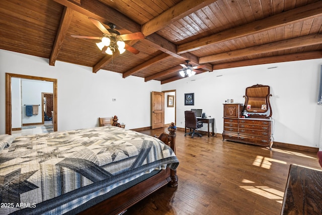 bedroom featuring ceiling fan, vaulted ceiling with beams, wood-type flooring, and wooden ceiling