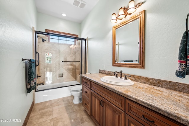 full bathroom featuring bath / shower combo with glass door, toilet, and vanity