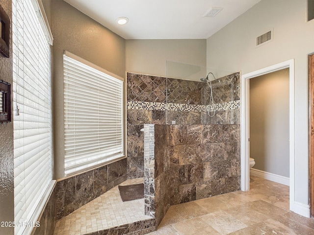 4530 W Misty Willow Ln, Glendale, AZ 85310 - bathroom with tiled shower, vaulted ceiling, and toilet
