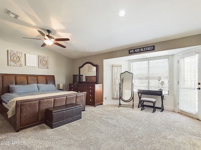4530 W Misty Willow Ln, Glendale, AZ 85310 - bedroom featuring a textured ceiling, ceiling fan, light carpet, and vaulted ceiling