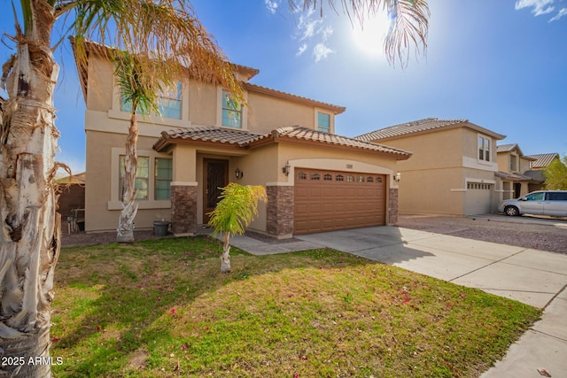 view of front of home featuring stucco siding, a front yard, a garage, stone siding, and driveway