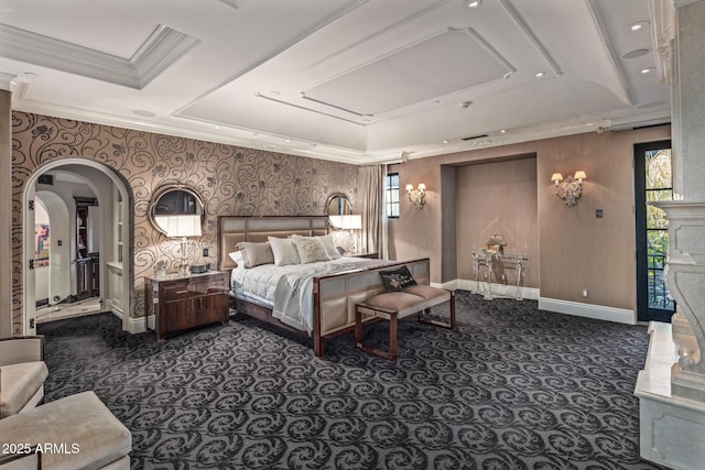 bedroom with arched walkways, ornamental molding, a raised ceiling, and baseboards