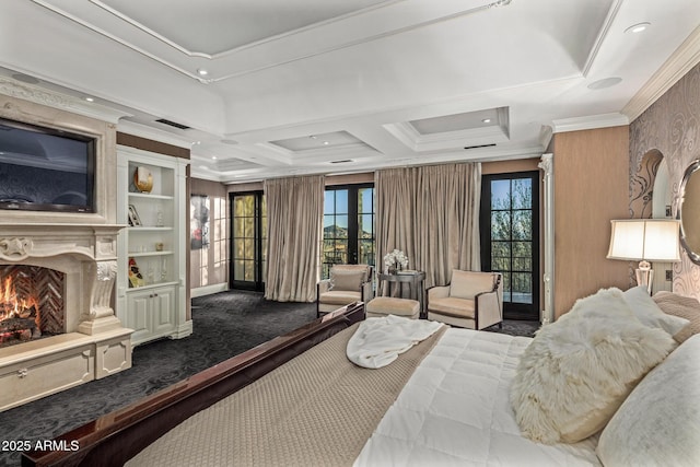 carpeted bedroom with visible vents, ornamental molding, access to exterior, french doors, and a high end fireplace