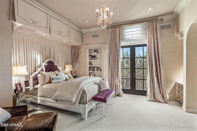 carpeted bedroom featuring an inviting chandelier, visible vents, french doors, and ornamental molding