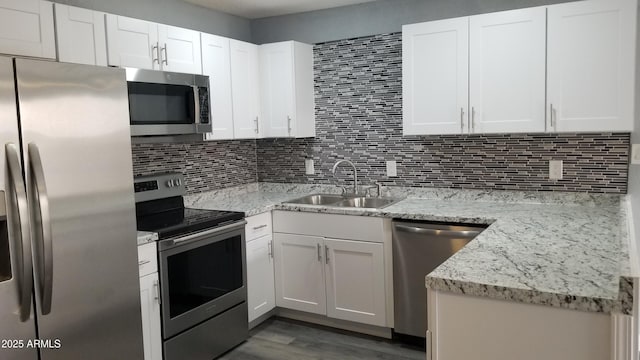 kitchen with stainless steel appliances, a sink, backsplash, wood finished floors, and white cabinets