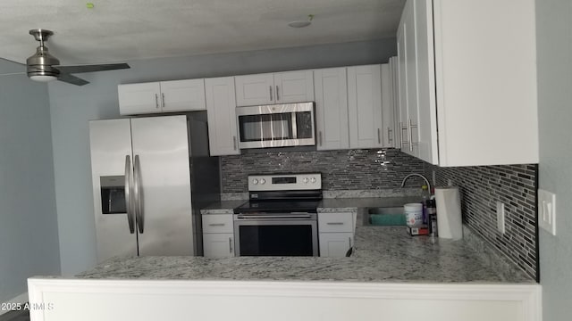 kitchen featuring stainless steel appliances, a sink, tasteful backsplash, light stone countertops, and ceiling fan