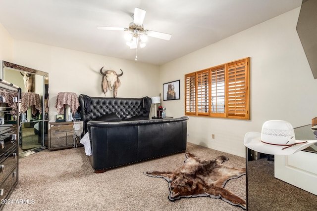 bedroom with light colored carpet and ceiling fan