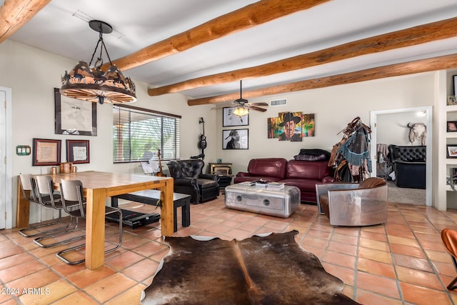 tiled living room with ceiling fan, beam ceiling, and visible vents