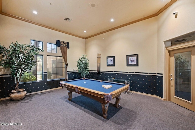 game room with carpet floors, crown molding, pool table, and recessed lighting
