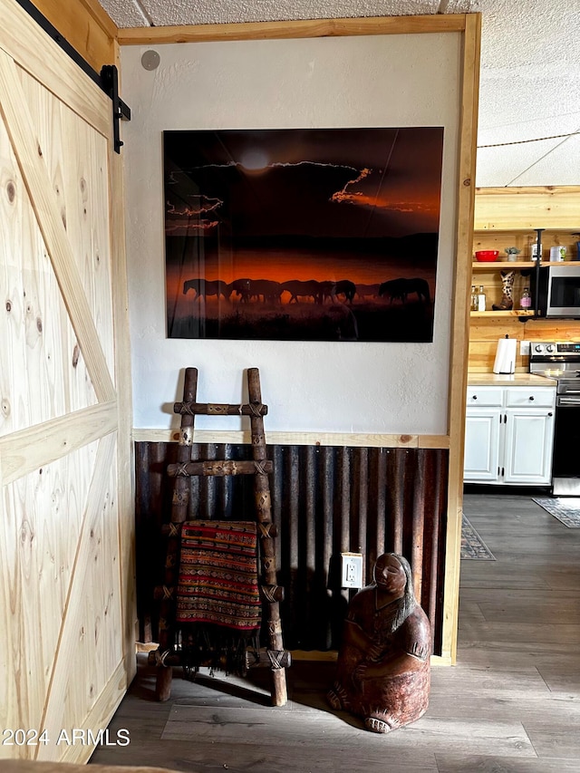 room details with stove, hardwood / wood-style floors, a barn door, and a textured ceiling