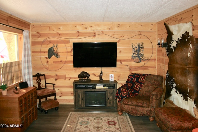 living room featuring wood walls, a textured ceiling, and dark hardwood / wood-style flooring