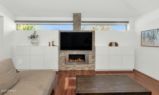 living room featuring dark wood-type flooring and a fireplace