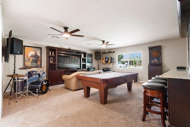 rec room featuring billiards, ceiling fan, and light colored carpet