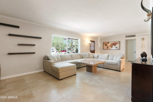 tiled living room with crown molding