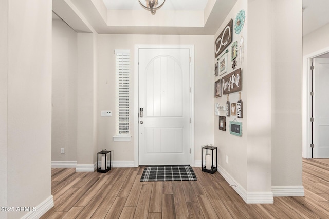 foyer entrance featuring a raised ceiling and light hardwood / wood-style flooring