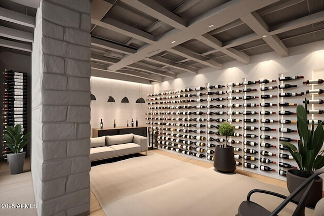 wine cellar with beamed ceiling and coffered ceiling