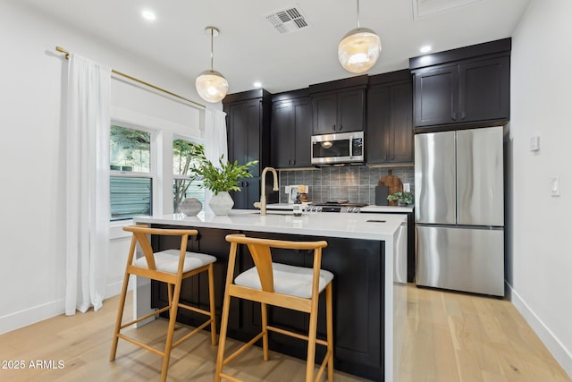 kitchen with appliances with stainless steel finishes, light hardwood / wood-style floors, an island with sink, decorative backsplash, and decorative light fixtures