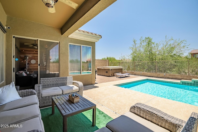 17493 W Arroyo Way, Goodyear, AZ 85338 - view of pool featuring a hot tub, a ceiling fan, a patio area, and a fenced backyard