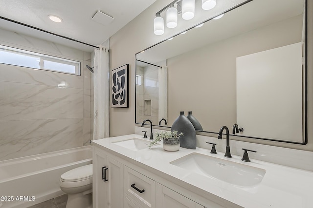 4509 E La Puente Ave, Phoenix, AZ 85044 - full bath featuring shower / bathtub combination with curtain, toilet, and double vanity