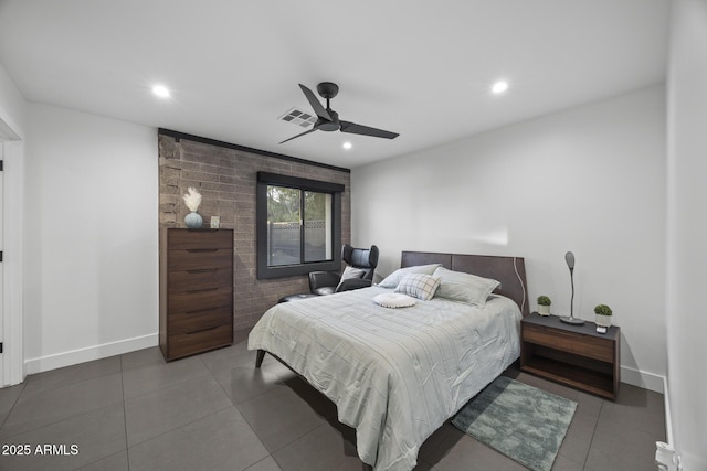 tiled bedroom with visible vents, baseboards, a ceiling fan, and recessed lighting