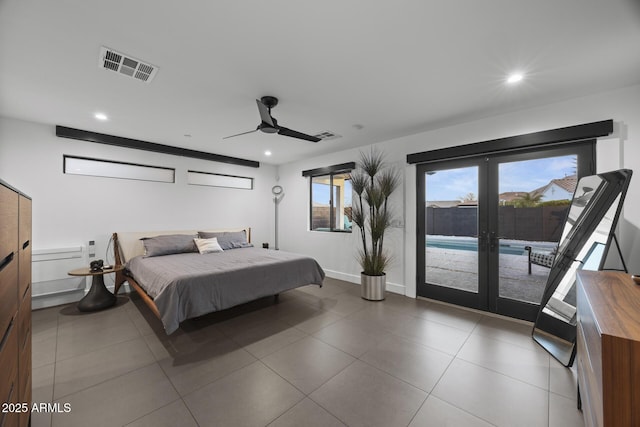 tiled bedroom with access to exterior, french doors, recessed lighting, visible vents, and ceiling fan