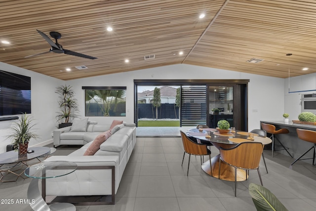 living room with visible vents, lofted ceiling, wooden ceiling, tile patterned flooring, and recessed lighting