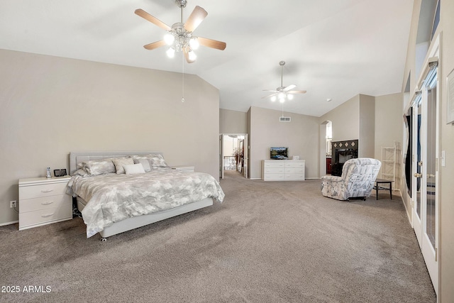 15413 S 31st Pl, Phoenix, AZ 85048 - bedroom featuring carpet floors, high vaulted ceiling, ceiling fan, and visible vents