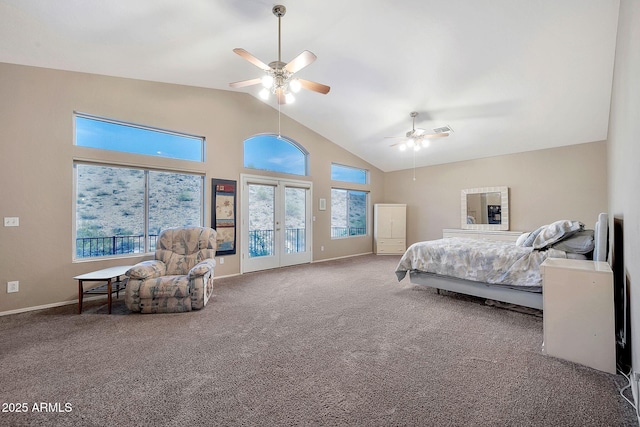 15413 S 31st Pl, Phoenix, AZ 85048 - bedroom with high vaulted ceiling, carpet flooring, french doors, baseboards, and ceiling fan