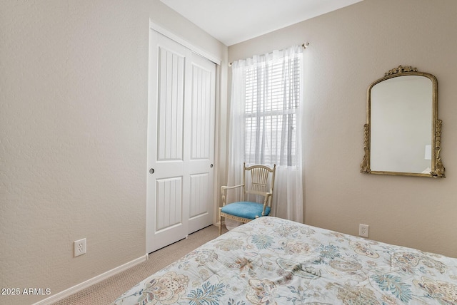 bedroom featuring baseboards, carpet flooring, and a textured wall