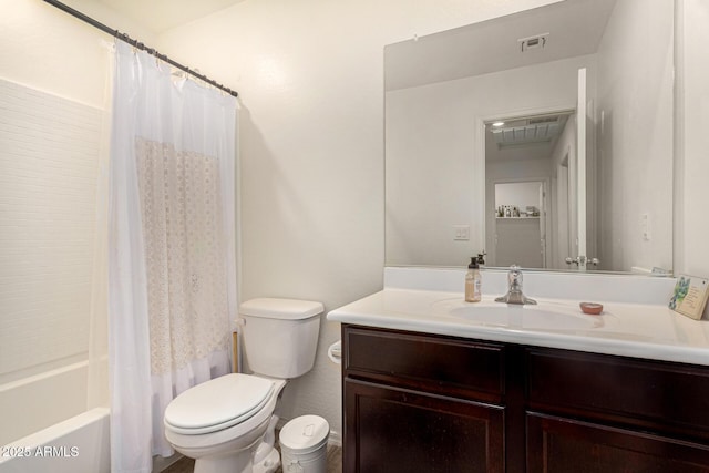 bathroom featuring visible vents, shower / tub combo with curtain, toilet, and vanity