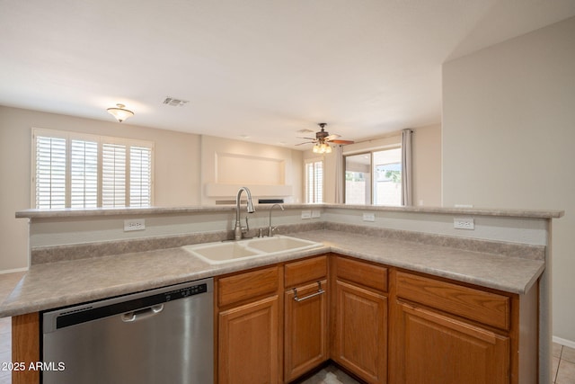 kitchen with stainless steel dishwasher, visible vents, ceiling fan, light countertops, and a sink