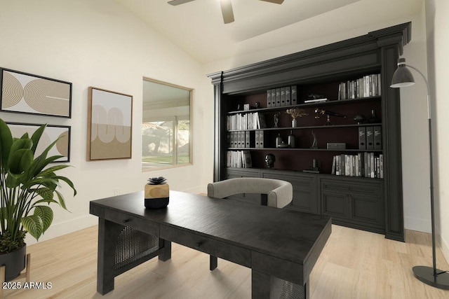 office space with ceiling fan, lofted ceiling, and light hardwood / wood-style floors