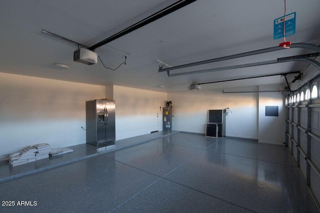 garage featuring a garage door opener, water heater, and baseboards