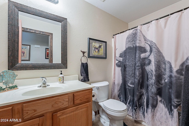 bathroom featuring vanity, a textured ceiling, and toilet