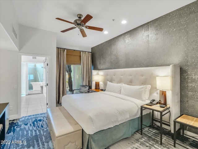 tiled bedroom featuring ceiling fan and access to exterior