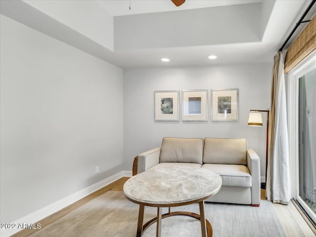 living area featuring ceiling fan and light wood-type flooring