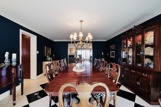 dining space featuring ornamental molding and a chandelier