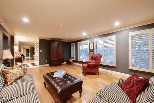 living room featuring light hardwood / wood-style floors and crown molding