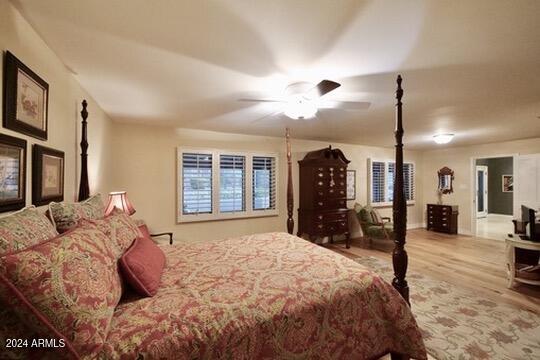 bedroom featuring light hardwood / wood-style flooring and ceiling fan