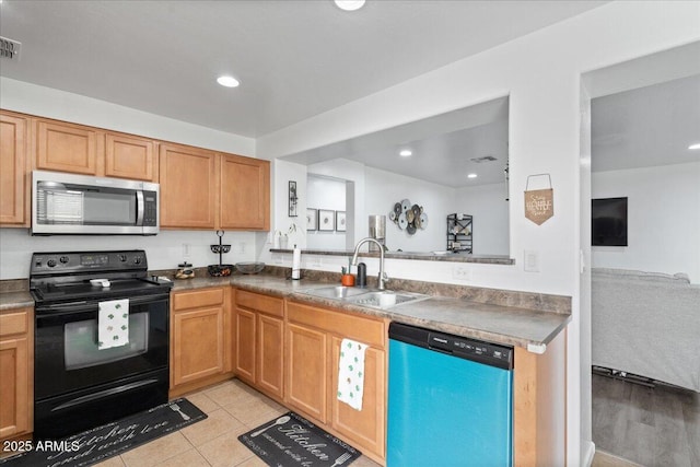 kitchen featuring light tile patterned floors, black / electric stove, a sink, dishwasher, and stainless steel microwave