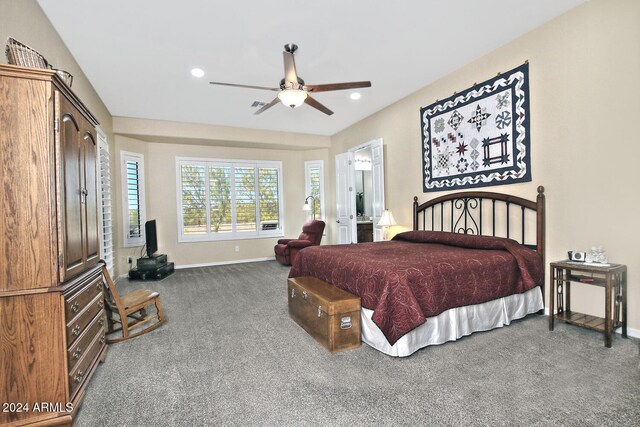 carpeted bedroom featuring ceiling fan and connected bathroom