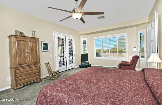 bedroom with carpet flooring, access to exterior, and ceiling fan